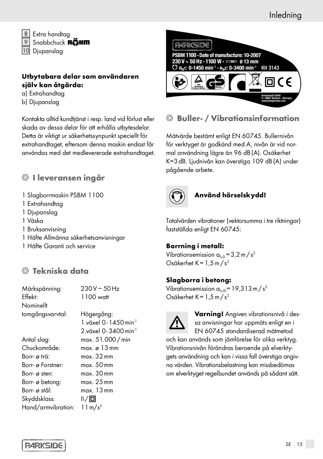 Kompernass PSBM 1100 manual Leveransen ingår, Tekniska data, Buller- / Vibrationsinformation, 11 m/s, Hand/armvibration 